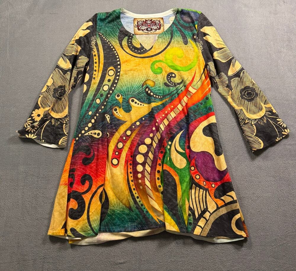 Amma Design Printed Tunic Top Women Medium Multi Color Abstract Psychedelic Boho